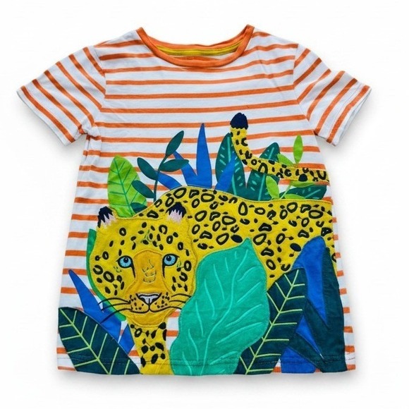 Mini Boden Other - Mini Boden Leopard Applique Stripe Tee Knit Crew Neck Orange Casual Size 8-9